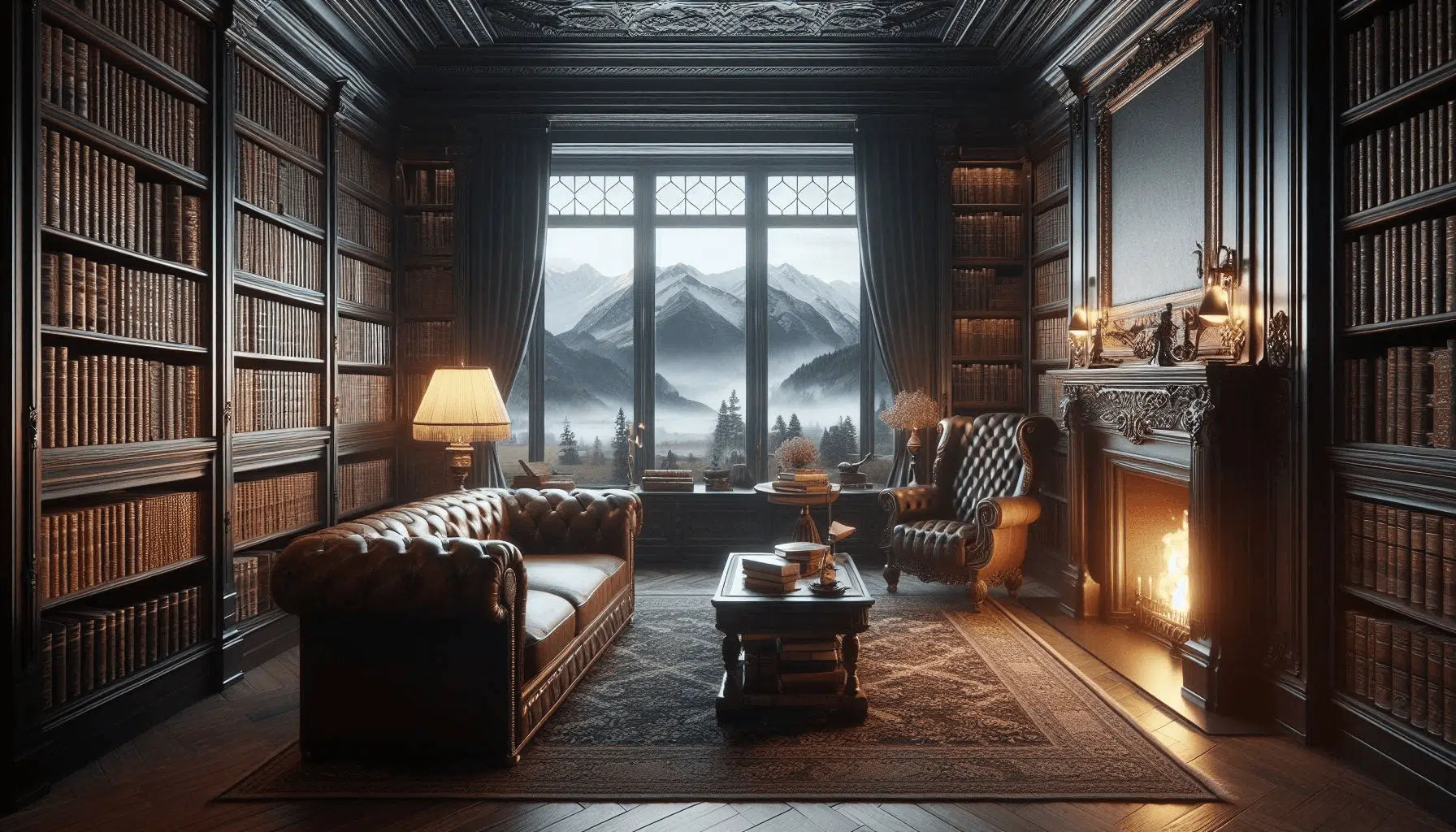 Cozy Home Library with Fireplace and Misty Mountain View