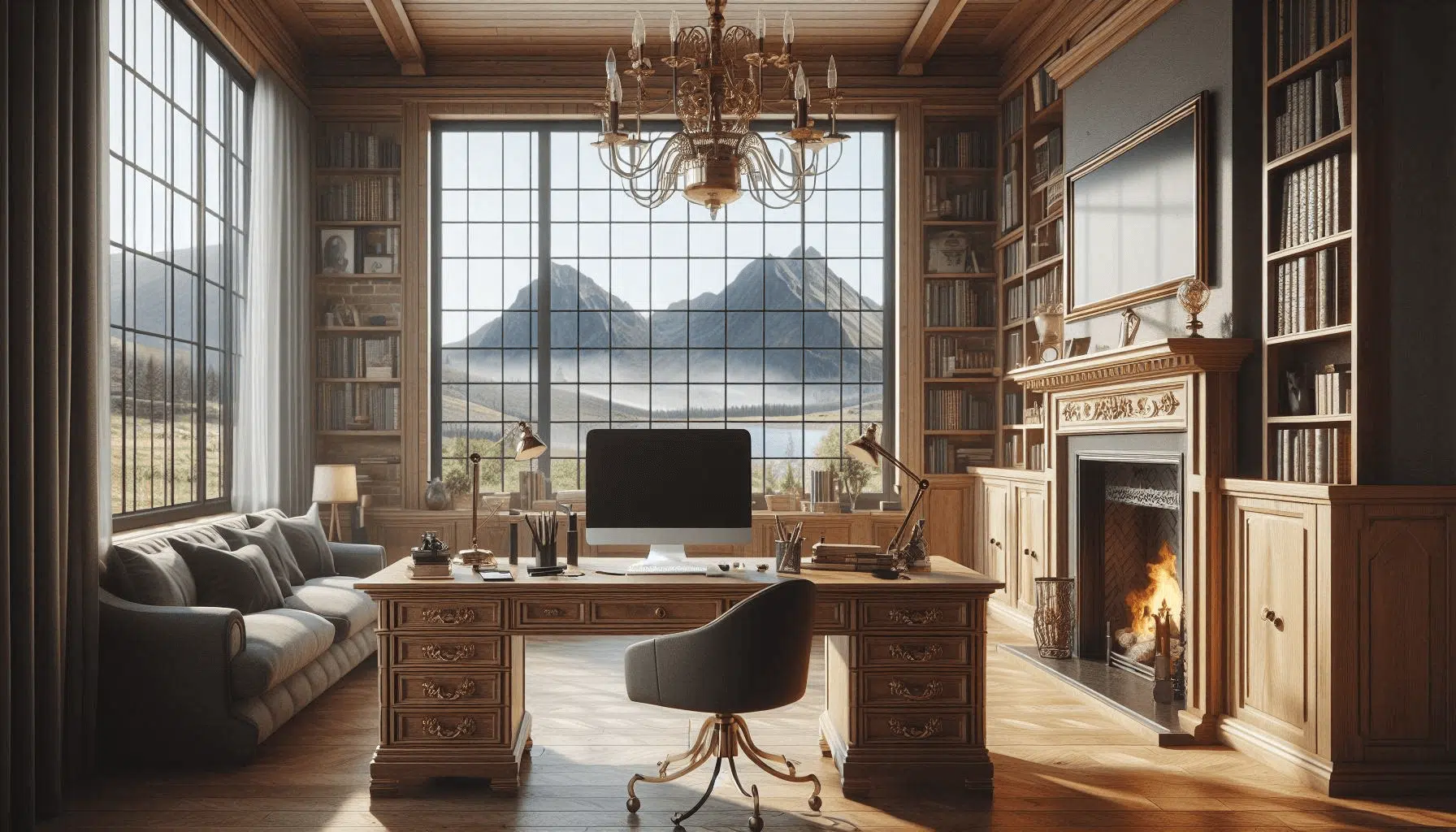 Cozy Home Office with Desk and Equipment and Misty Mountain View