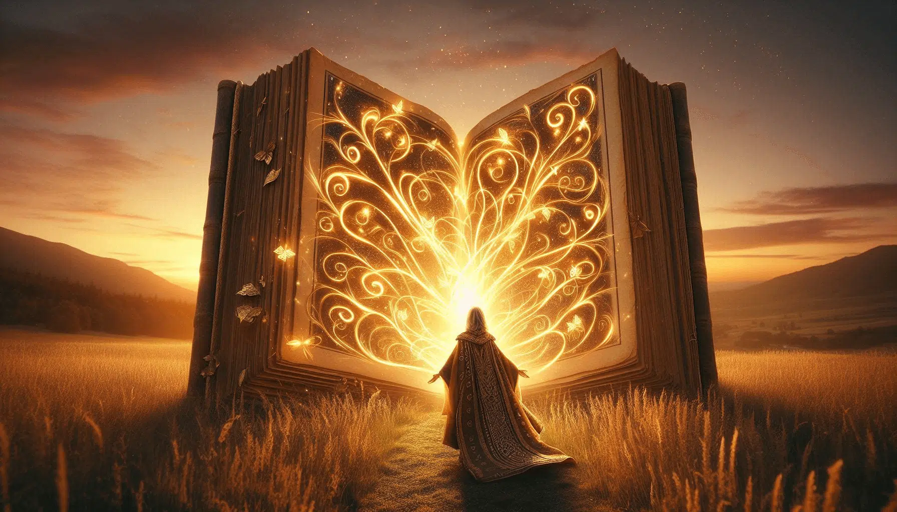 A Cloaked Figure in Front of a Large Open Book with Golden Light in a Field During Sunset
